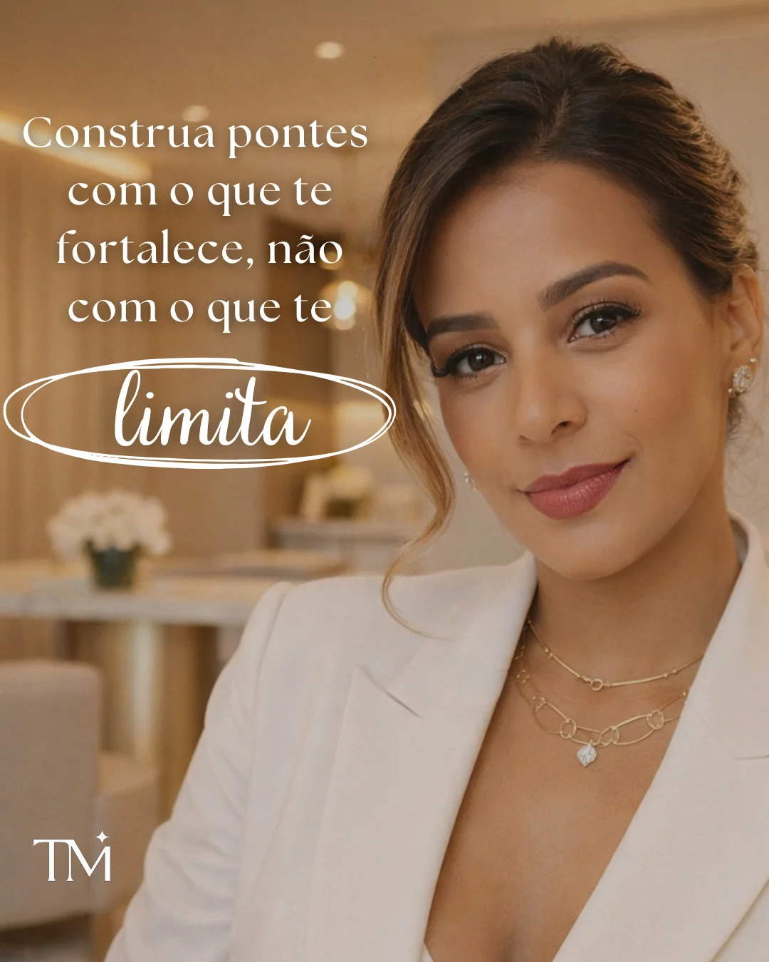 Retrato de Tais Martins com mensagem sobre fortalecimento